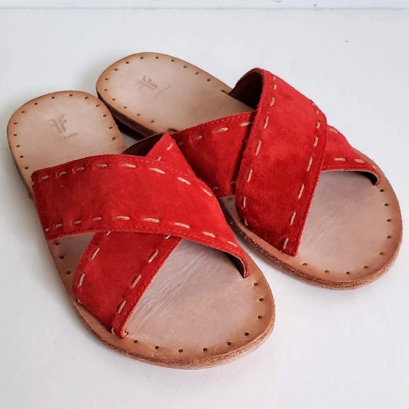 New FRYE Avery 5.5 - 6 Leather Suede Sandals Flat Slide Slip-on Contrast Stitch - Picture 4 of 13
